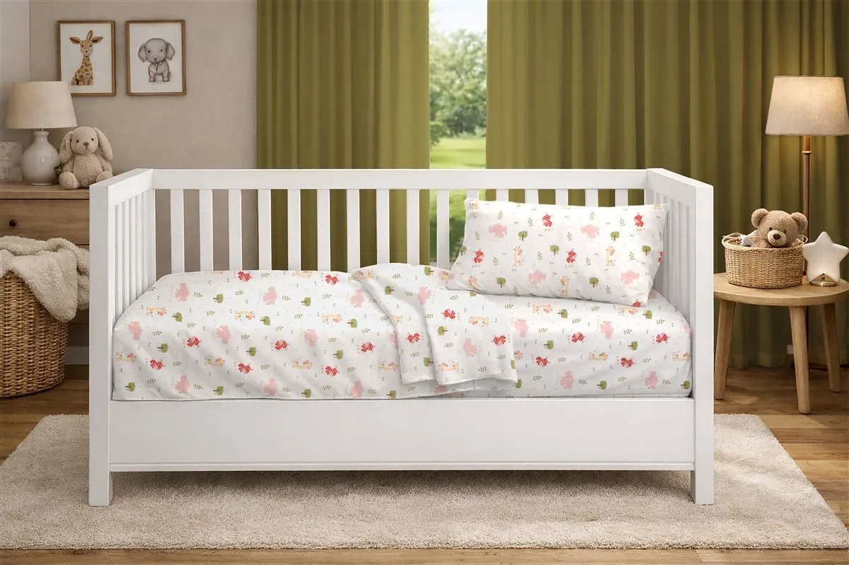 Dimcol Σεντόνια Εμπριμέ Σετ 3 τεμ bebe Happy Safari 712 120X160 White-Pink 100% Cotton