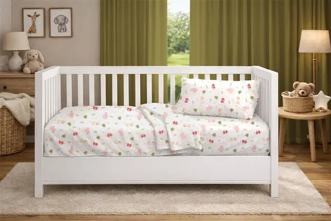 Dimcol Σεντόνια Εμπριμέ Σετ 3 τεμ bebe Happy Safari 712 120X160 White-Pink 100% Cotton