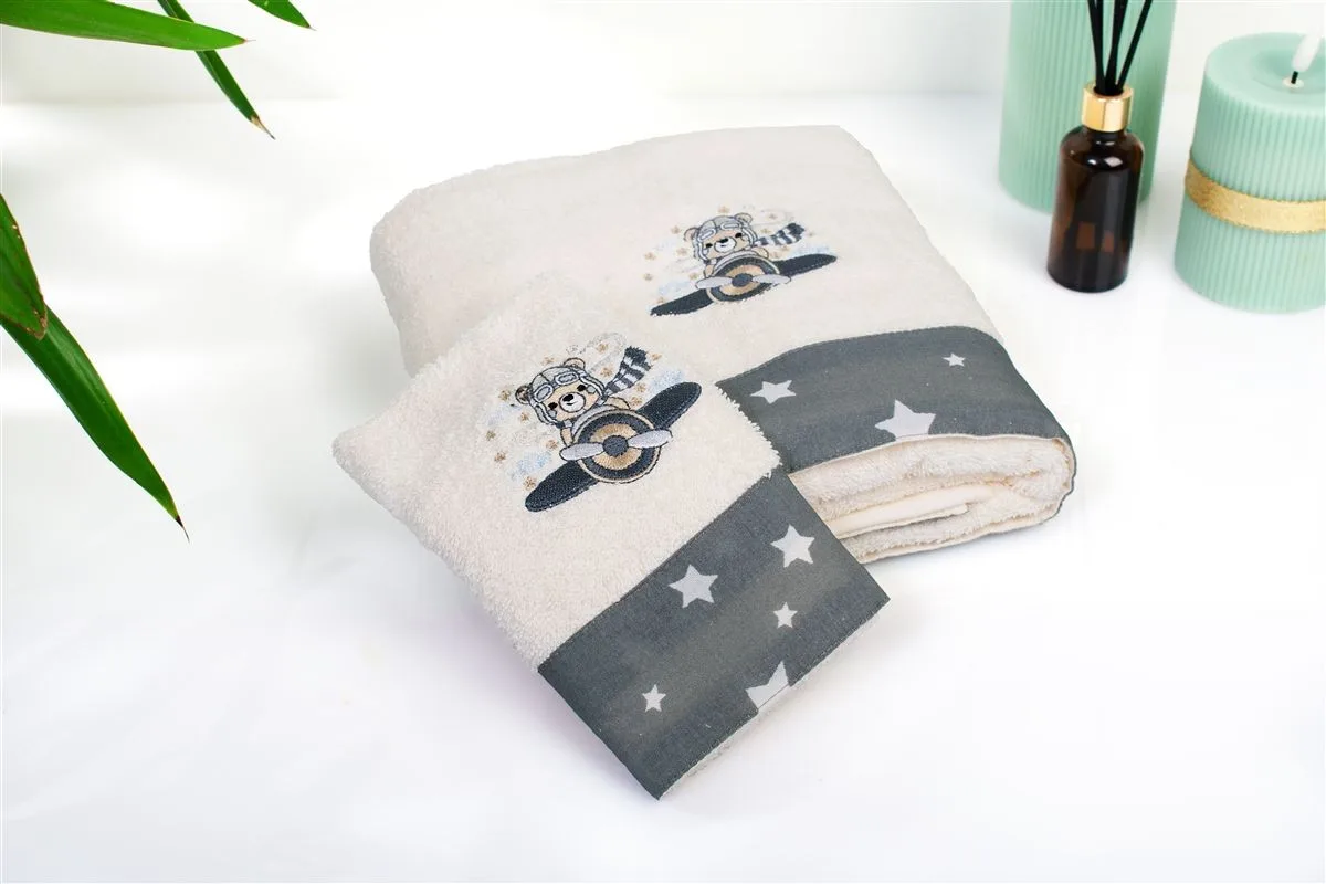 Σετ βρεφικές πετσέτες 2τμχ Aviator 185 30X50,70X140 Ecru-Grey 100% Cotton