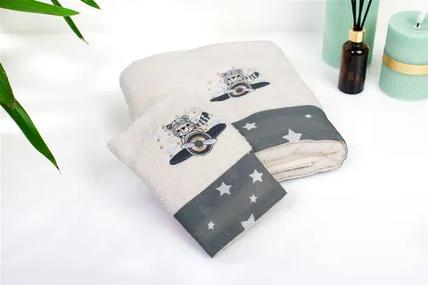 Σετ βρεφικές πετσέτες 2τμχ Aviator 185 30X50,70X140 Ecru-Grey 100% Cotton