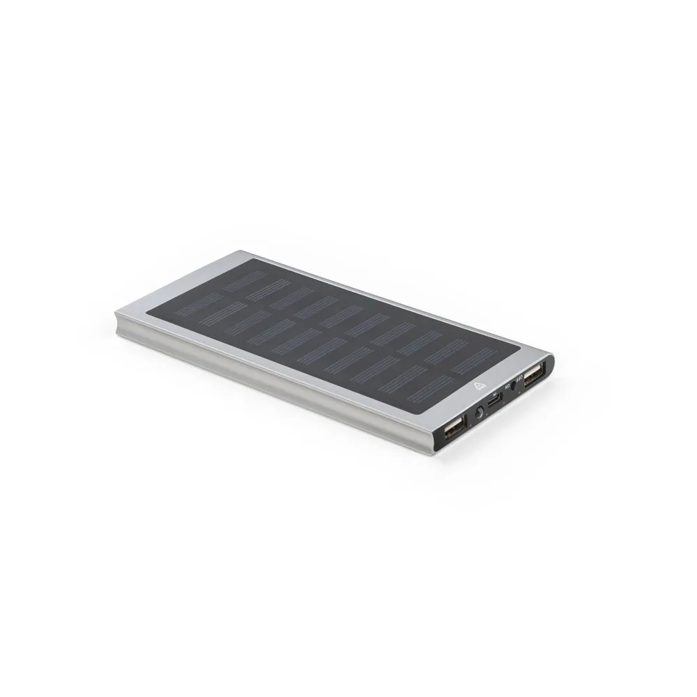 CLERK. Power bank 8'000 mAh με ηλιακό πάνελ από 100% ανακυκλωμένο αλουμίνιο - σατέν-ασημί - pa_χρώματα: σατέν-ασημί