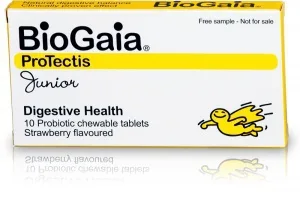 Biogaia Protectis for Gut Comfort Junior Συμπλήρωμα Διατροφής Προβιοτικών για την Καλή Υγεία του Πεπτικού Συστήματος με Γεύση Φράουλα 10 Μασώμενα Δισκία