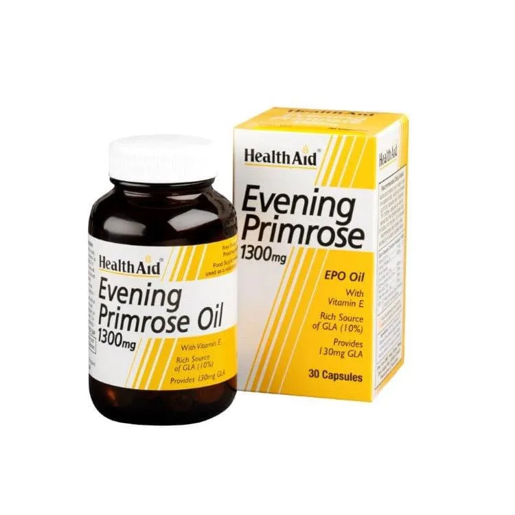 Health Aid  Evening Primrose Oil 1300mg Συμπλήρωμα Διατροφής με Έλαιο Νυχτολούλουδου για την Ενίσχυση του Καρδιαγγειακού & Νευρικού Συστήματος, Αντιμετωπίζει τα Προεμμηνορροϊκά Συμπτώματα & Ανακουφίζει από τα Συμπτώματα της Εμμηνόπαυσης 30 Κάψουλες