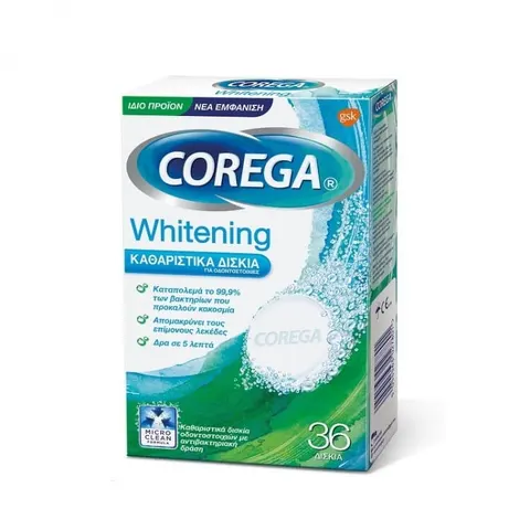 Corega Whitening - Καθαριστικά Δισκία Οδοντοστοιχιών, 36 ταμπλέτες
