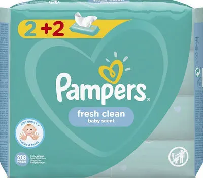 4 x Pampers Fresh Clean (2+2 ΔΩΡΟ) Μωρομάντηλα με υπέροχο άρωμα φρεσκάδας, 4 x 52 τεμάχια