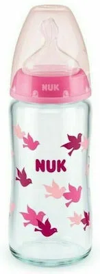 Nuk Γυάλινο Μπιμπερό First Choice Plus Temperature Control Κατά των Κολικών με Θηλή Σιλικόνης 240ml για 0-6 μηνών Pink Birds