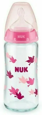 Nuk Γυάλινο Μπιμπερό First Choice Plus Temperature Control Κατά των Κολικών με Θηλή Σιλικόνης 240ml για 0-6 μηνών Pink Birds