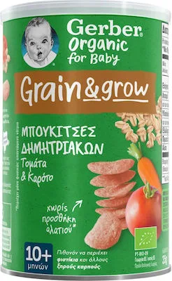 Gerber Organic For Baby Grain & Grow Μπουκίτσες Δημητριακών με Γεύση Τομάτα & Καρότο 10m+, 35gr