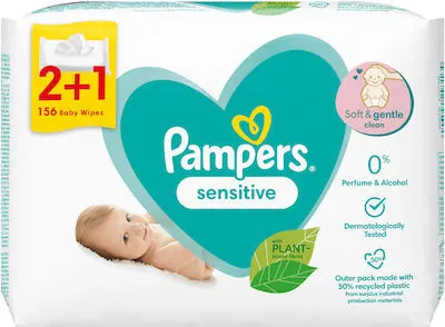 Μωρομάντηλα Pampers Sensitive - 3 συσκευασίες x 52 Μωρομάντηλα (156 Τεμάχια)