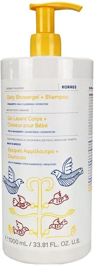 Korres Baby Showergel & Shampoo with Coconut & Almond Βρεφικό Αφρόλουτρο & Σαμπουάν για Ήπιο Καθαρισμό & Ενυδάτωση 1000ml