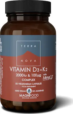 Terranova D3 2000iu & K2 100ug Complex Συμβάλλει στη Διατήρηση των Υγιών Οστών & του Καρδιαγγειακού Συστήματος, 50caps