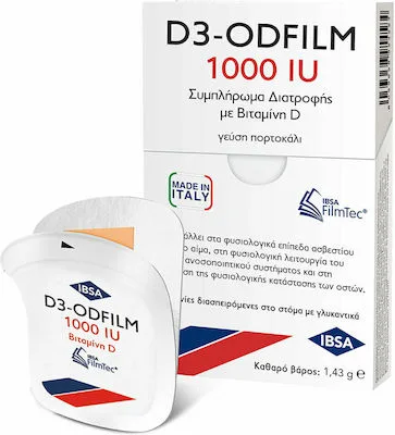D3-Odfilm 1000iu Συμπλήρωμα Διατροφής με Βιταμίνη D, Γεύση Πορτοκάλι, 30 Ταινίες Διασπειρόμενες στο Στόμα, με Γλυκαντικά