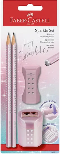 Σετ Faber Castell Grip Sparkle με 2 μολύβια/ξύστρα/γόμα Ροζ