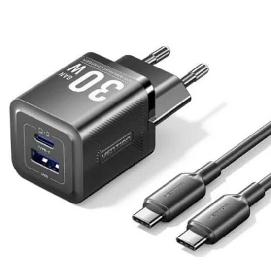 Φορτιστής VENTION 2-Port USB (C + A) GaN Charger (30W/30W) with USB-C to USB-C Cable (1M) EU-Plug Black (TZ-FEQB0-EU-01) (VENTZ-FEQB0-EU-01)